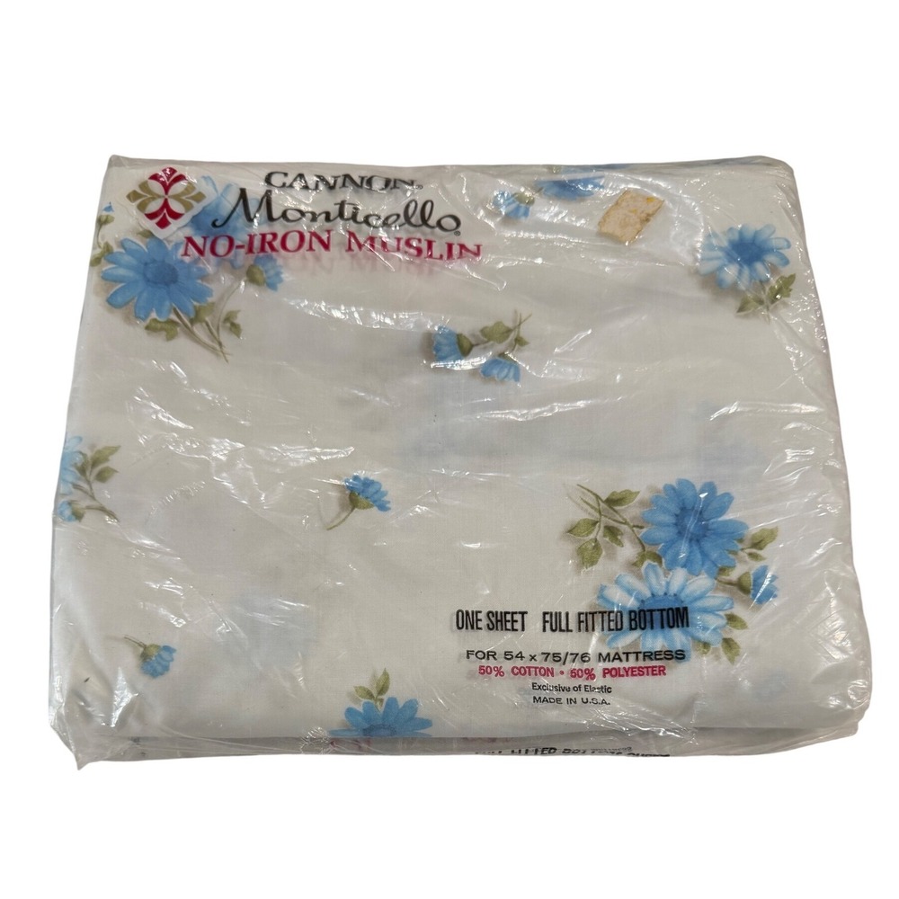 Vintage Cannon Monticello Full Fitted Sheet Blue Floral Daisy No Iron Muslin USA